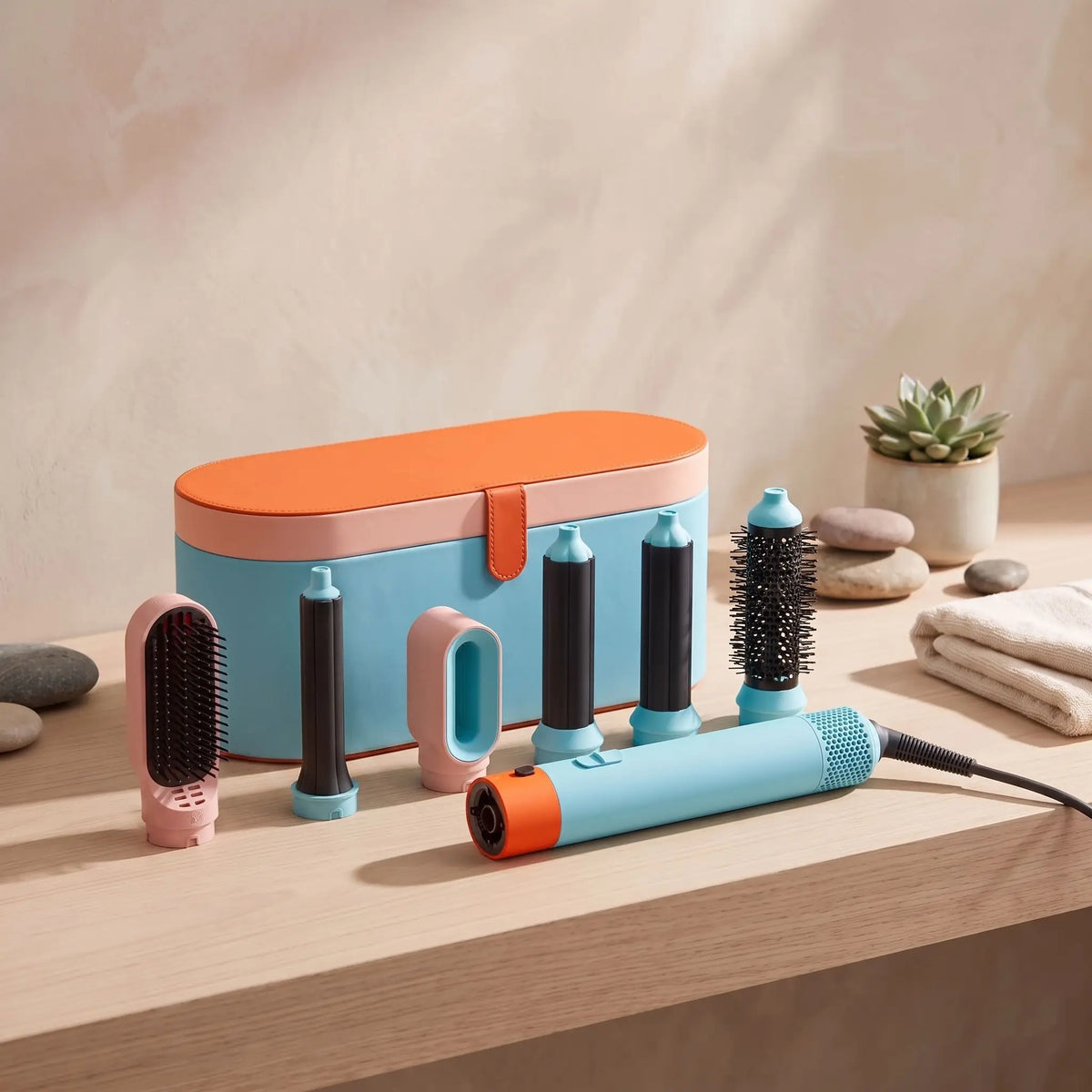 kit complet de brosse chauffante posé sur un plan crème en bois 