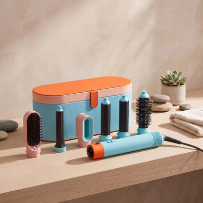 kit complet de brosse chauffante posé sur un plan crème en bois 