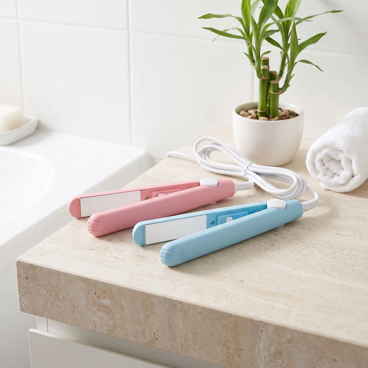 lisseurs bleu et rose posés sur un comptoir de salle de bain
