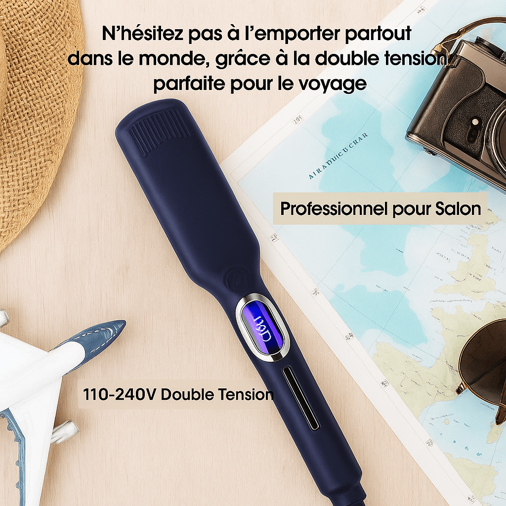 Lisseur couleur marine posé sur un plan décoratif rappelant le voyage