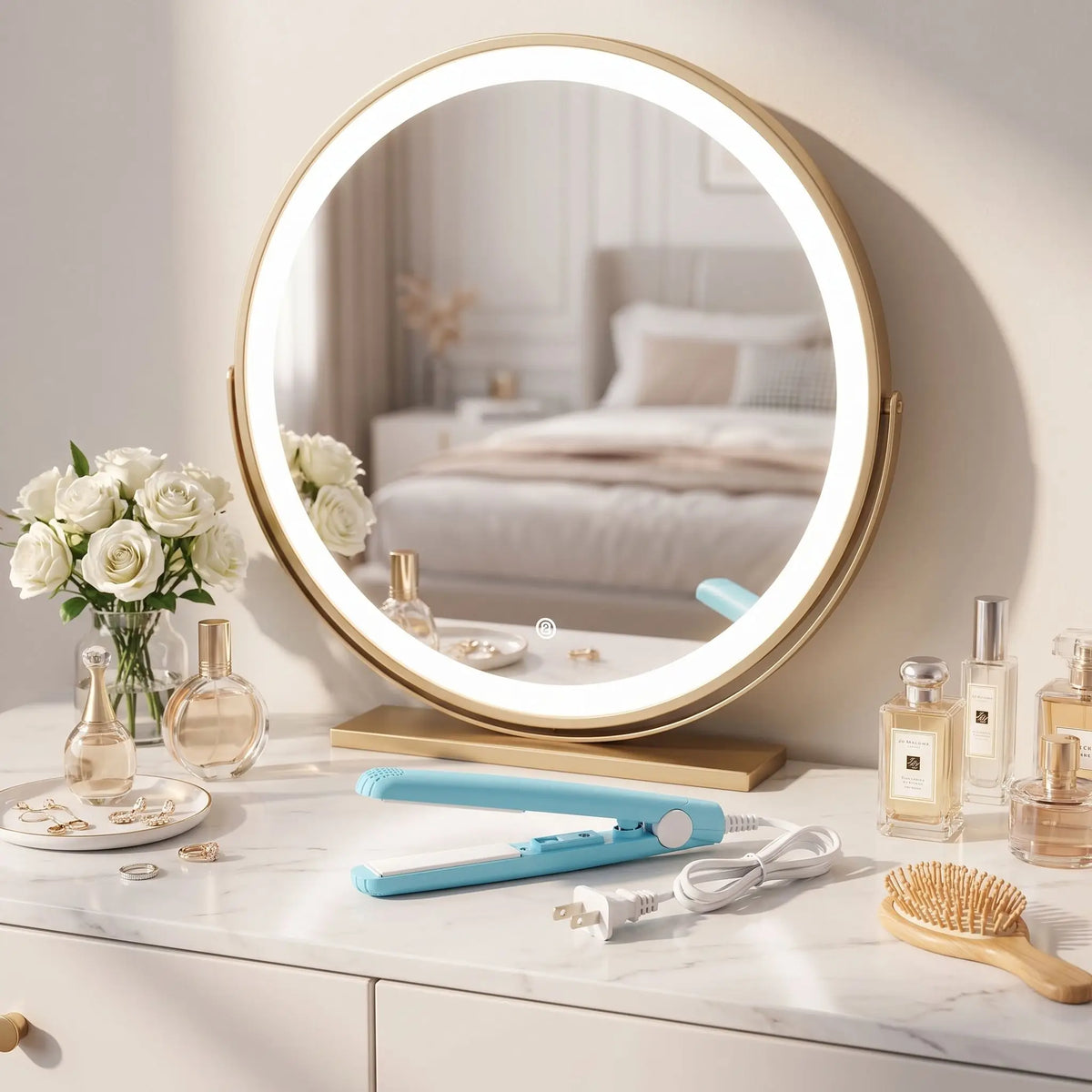 lisseur bleu posé sur une table de maquillage décorative