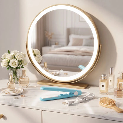 lisseur bleu posé sur une table de maquillage décorative