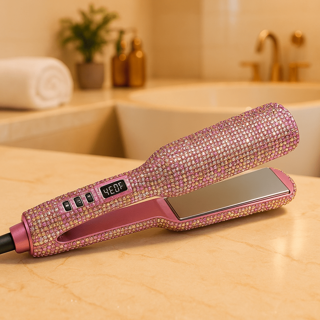 Jeune femme cheveux longs châtains qui se coiffe avec le lisseur de couleur rose