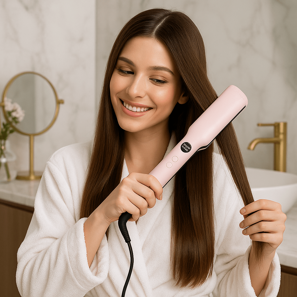 jeune femme longs cheveux bruns qui se coiffe avec le lisseur aux grosses plaques couleur rose