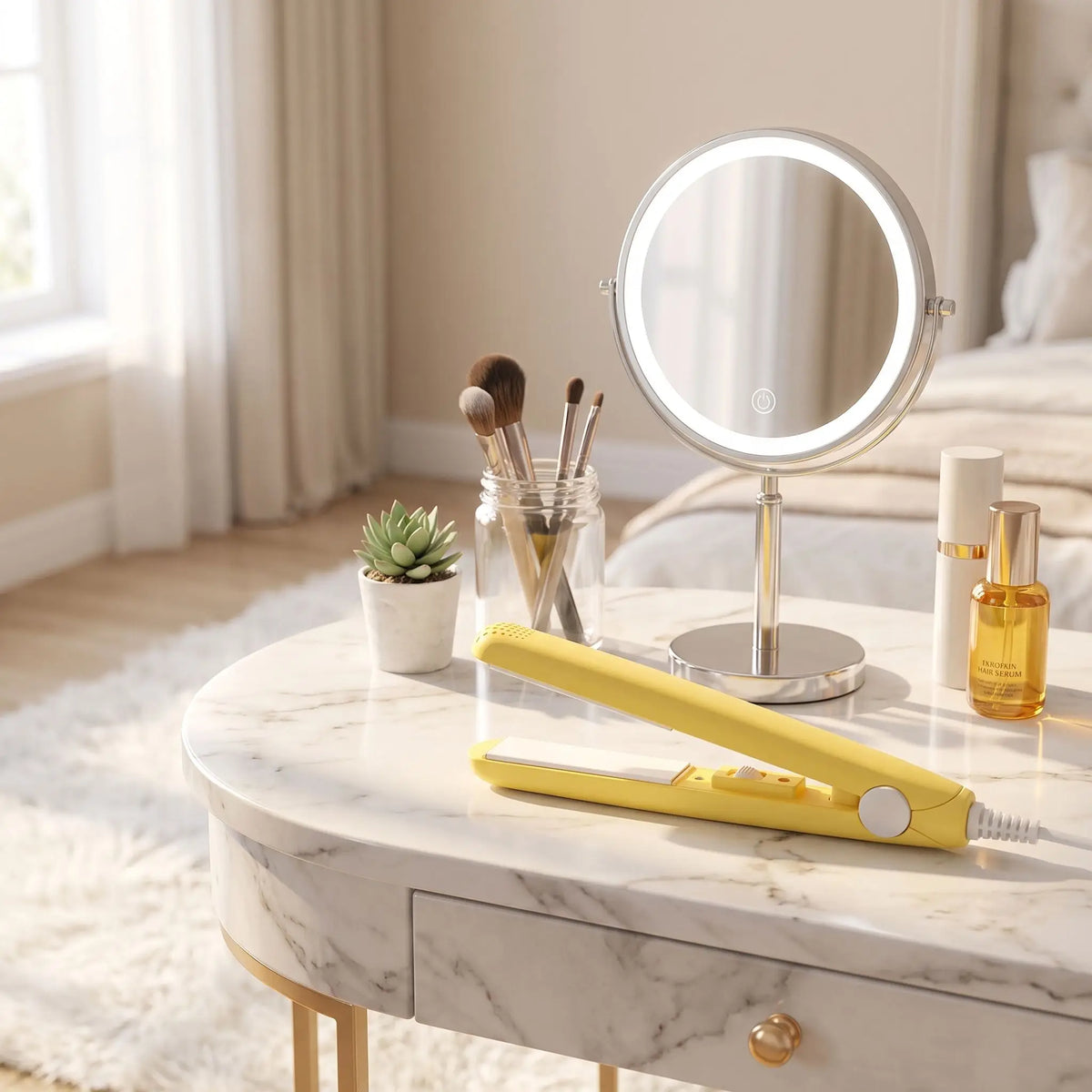lisseur jaune posé sur une table de maquillage décorative
