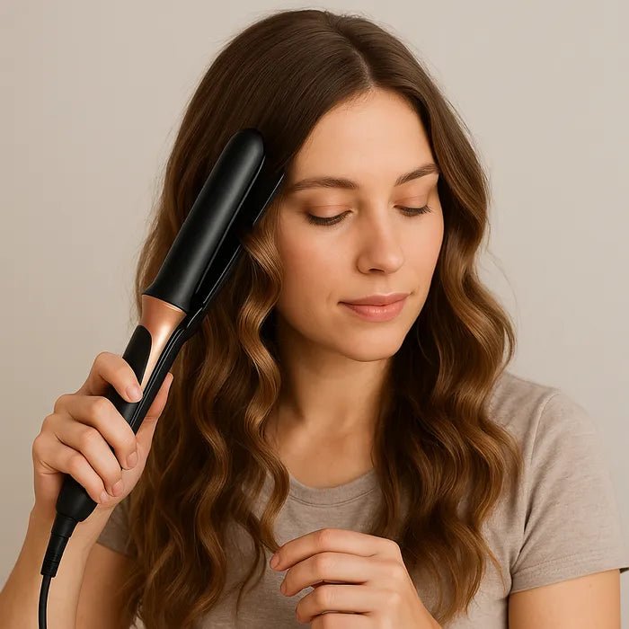 Jeune femme d'environ 25-30 ans longs cheveux châtains qui se coiffe avec le lisseur de couleur noir