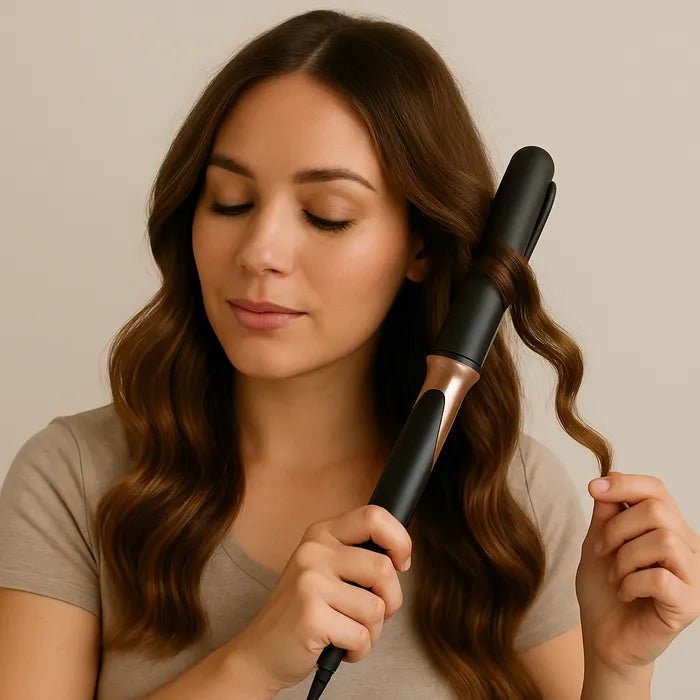 Jeune femme d'environ 25-30 ans longs cheveux châtains qui se coiffe avec le lisseur de couleur noir