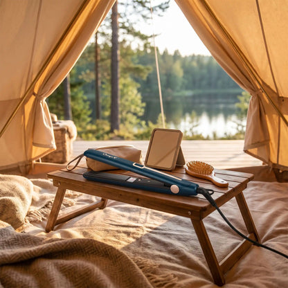 lisseur vert posé sur une table en bois en vacances 