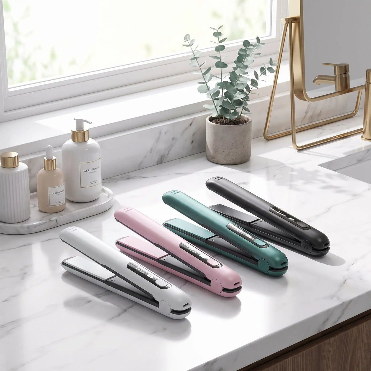 lisseurs 4 coloris offerts posés sur un comptoir blanc et gris 