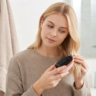 Mini lisseur jeune femme aux cheveux blonds qui se coiffe avec le lisseur