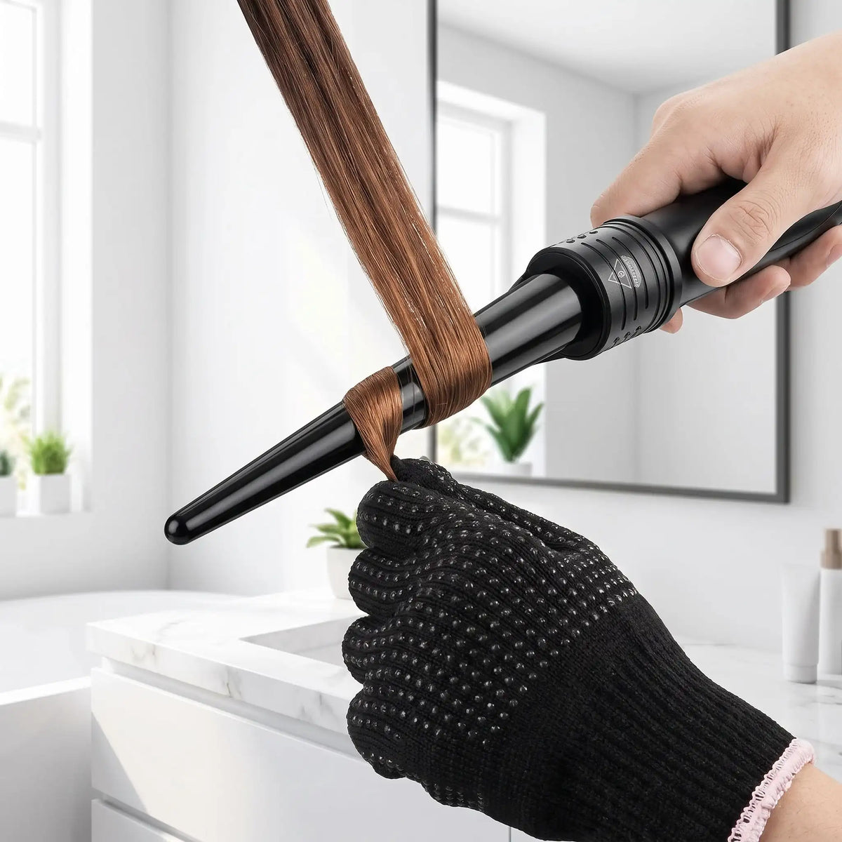 professionnelle de la coiffure utilisant le boucleur et le gant de protection noir 