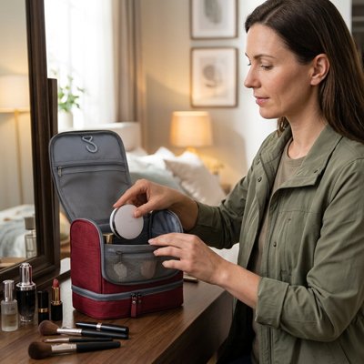une femme d'environ 40 ans qui place des accessoires de beauté dans la trousse de toilette couleur rouge et grise