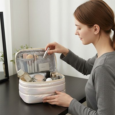 Une femme qui place des produits de maquillage dans sa trousse de toilette couleur blanche