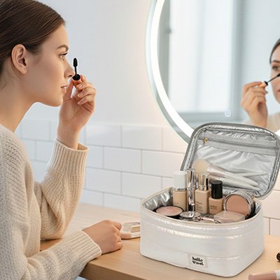 Une femme qui se maquille devant le miroir devant la trousse de toilette couleur blanche