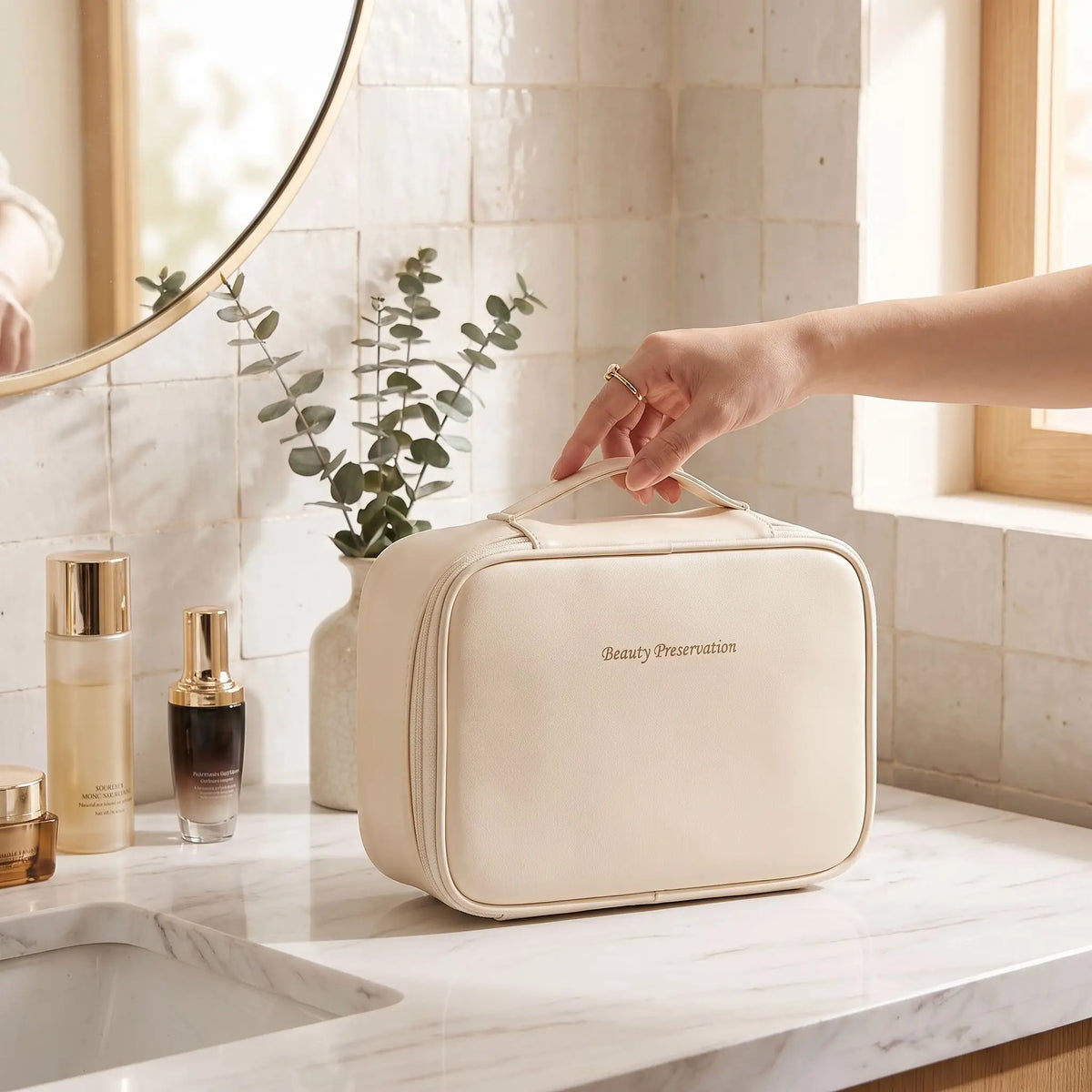 trousse de toilette crème tenue par une main afin d'en apprécier l'extérieur