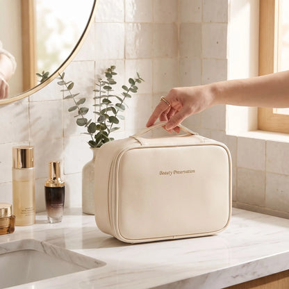 trousse de toilette crème tenue par une main afin d'en apprécier l'extérieur
