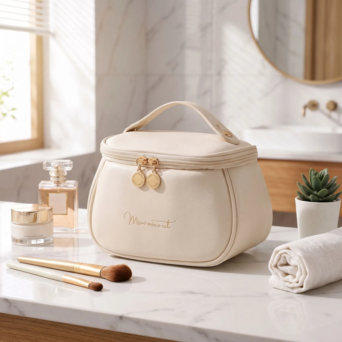 trousse de toilette de couleur crème posée  sur un plan blanc 