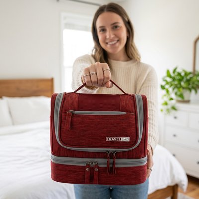 Une femme qui tient au bout de ses bras la trousse de toilette couleur rouge et grise afin d'en apprécier les caractéristiques