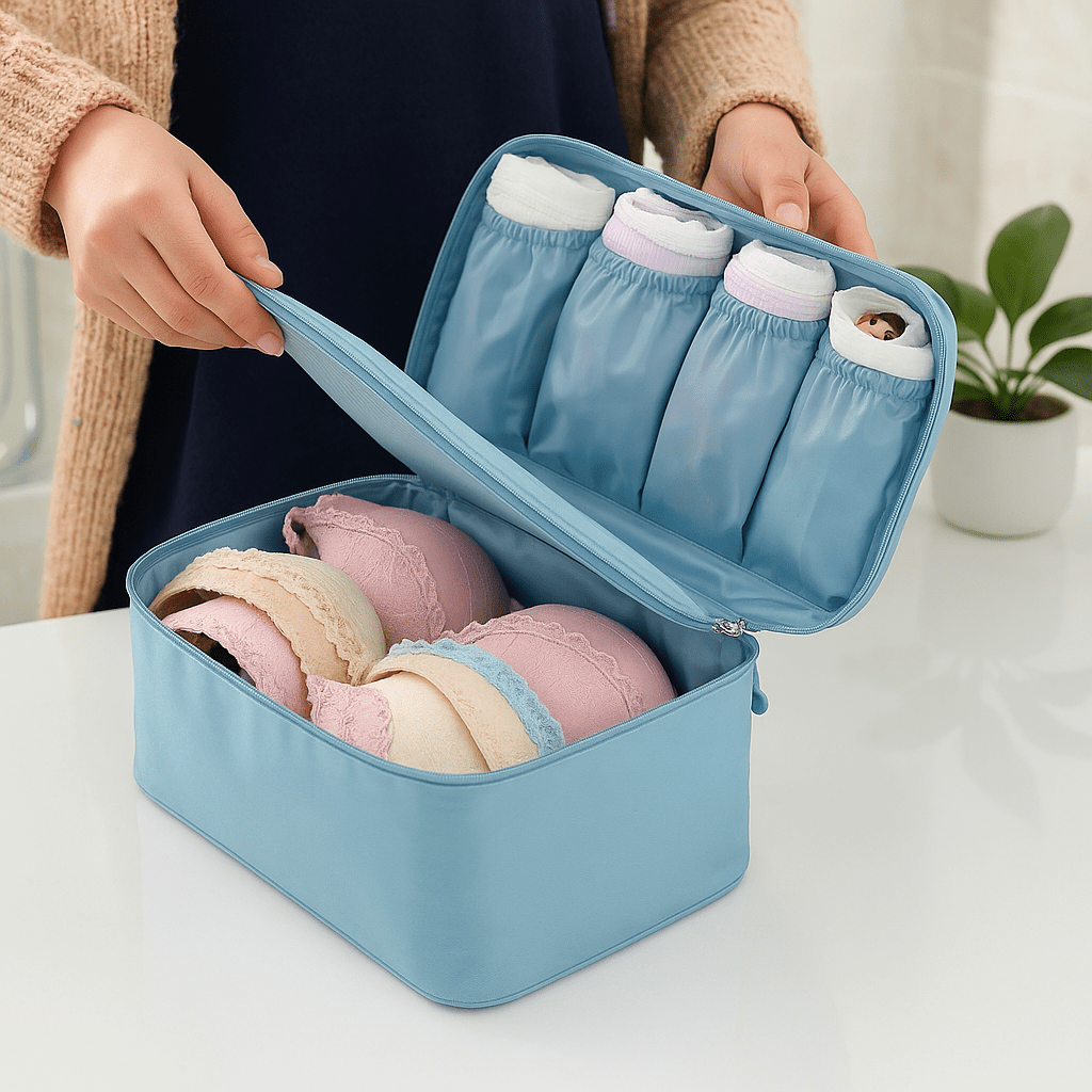 trousse de toilette pour sous vêtements tenue ouverte par une main de femme afin d'en apprécier les caractéristiques