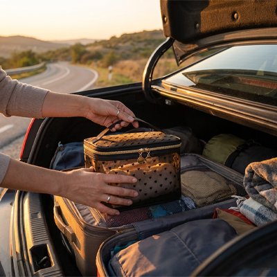 Trousse de toilette femme qui range sa trousse dans le coffre arrière de la voiture
