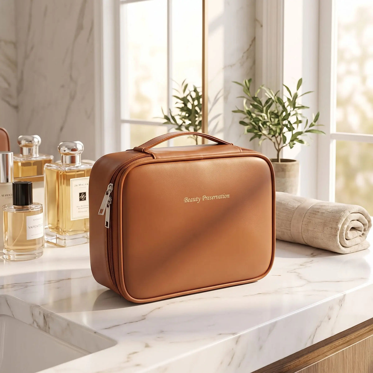 trousse de toilette marron posée sur un plan blanc et gris 