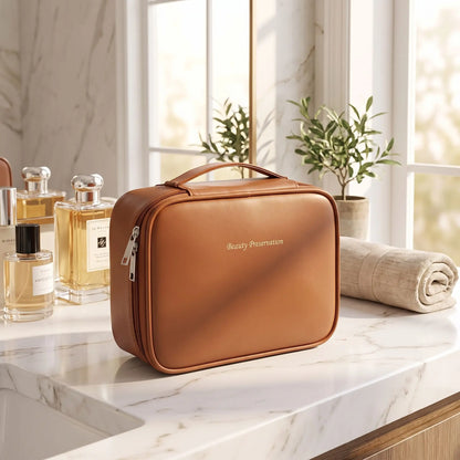 trousse de toilette marron posée sur un plan blanc et gris 