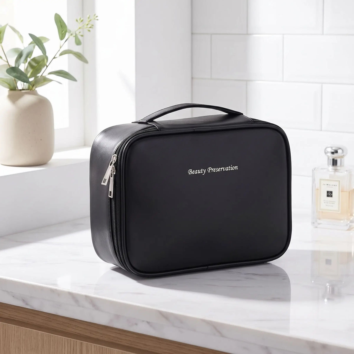 trousse de toilette noire posée sur un plan blanc et gris 