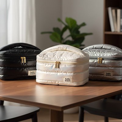 Trousse de toilette offertes en 3 couleurs posées sur une table en bois