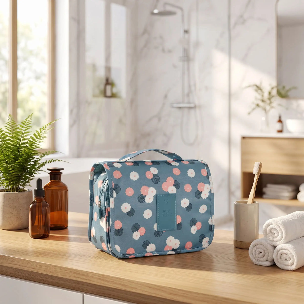 trousse de toilette posée sur un plan de couleur bois 