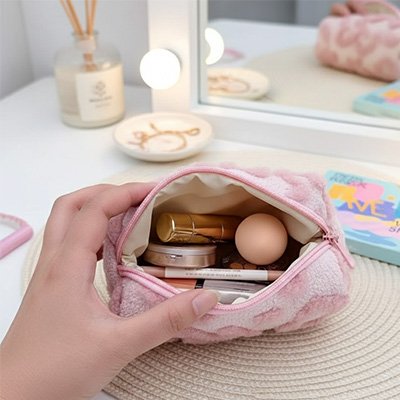 Trousse de toilette une main qui ouvre la trousse rose 