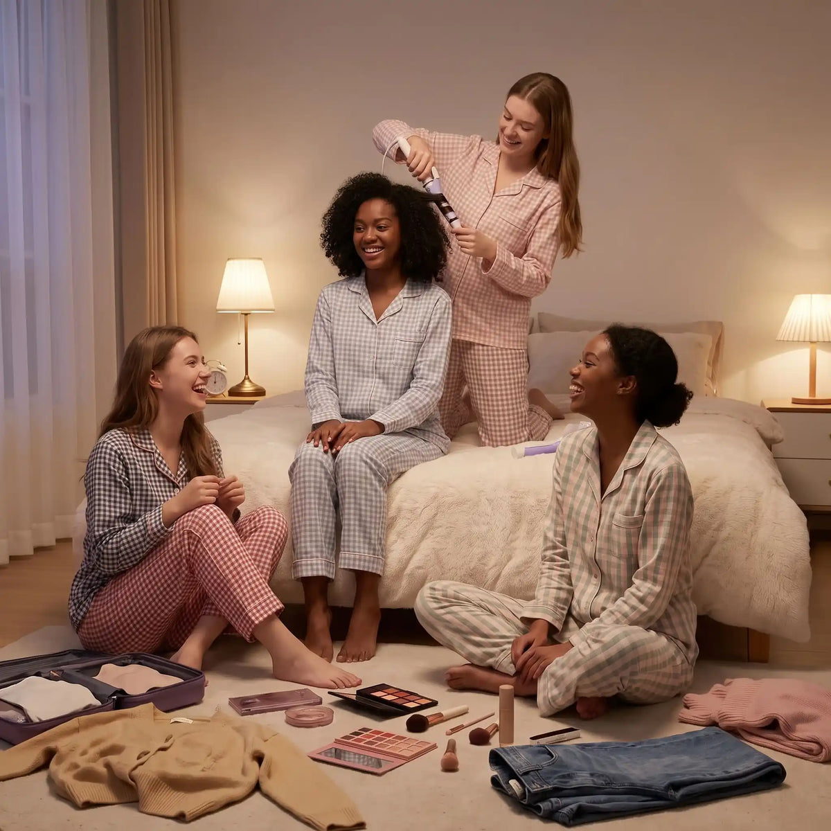 un groupe d'amies qui se coiffent entres elles avec le fer bouclant