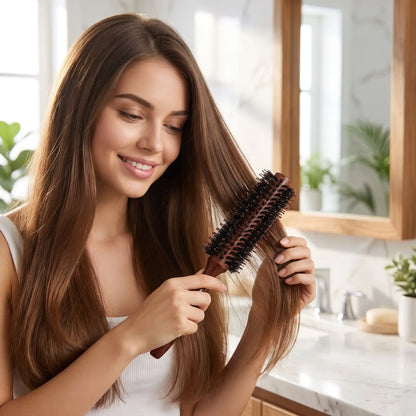 une jeune femme aux longs cheveux bruns qui se coiffe avec la brosse poil de sanglier 