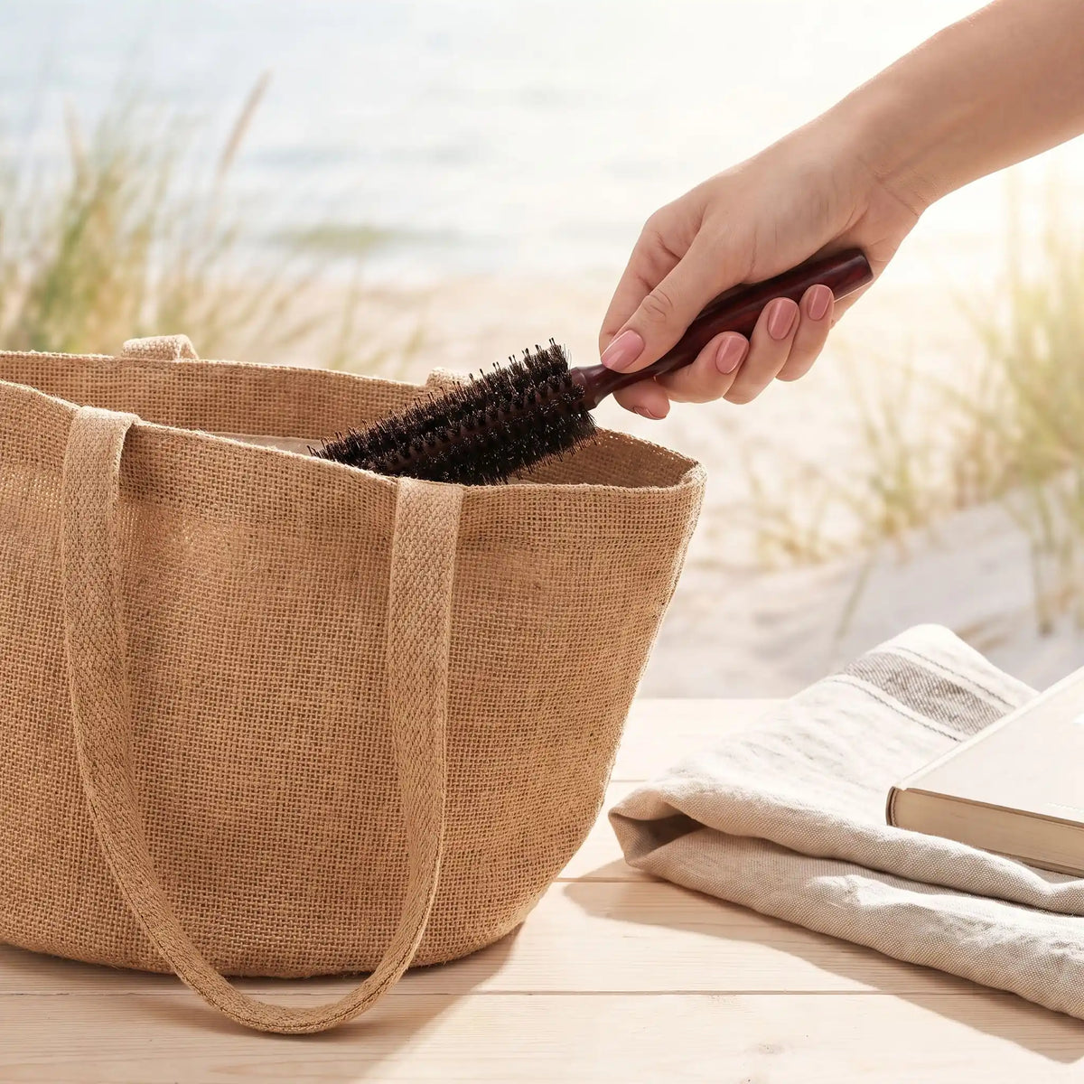 une main qui dépose la brosse poil de sanglier dans un sac à main de vacances