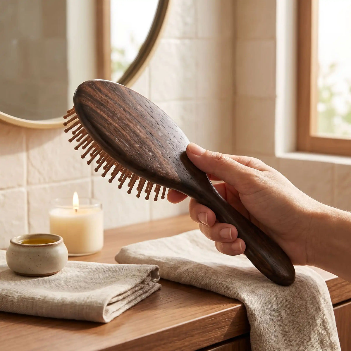 une main qui tient la brosse à cheveux afin d'en apprécier les caractéristiques