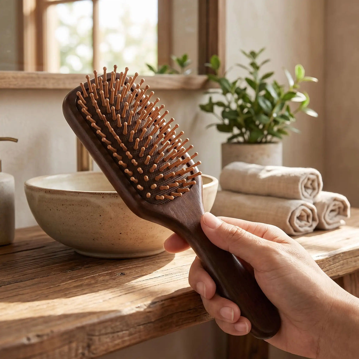 une main qui tient la brosse à cheveux bois de santal afin d'en apprécier toutes les caractéristiques