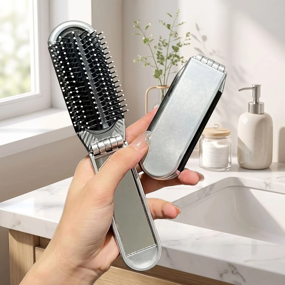 une main qui tient la brosse à cheveux pliable avec miroir afin de montrer les caractéristiques 