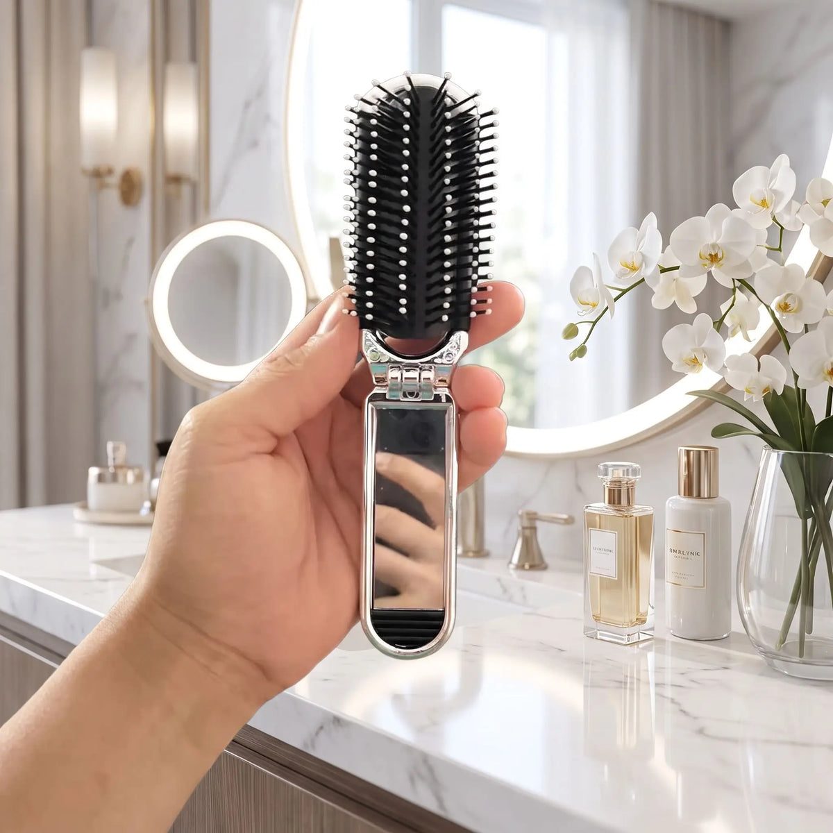 une main qui tient la brosse pliable afin de montrer les caractéristiques 