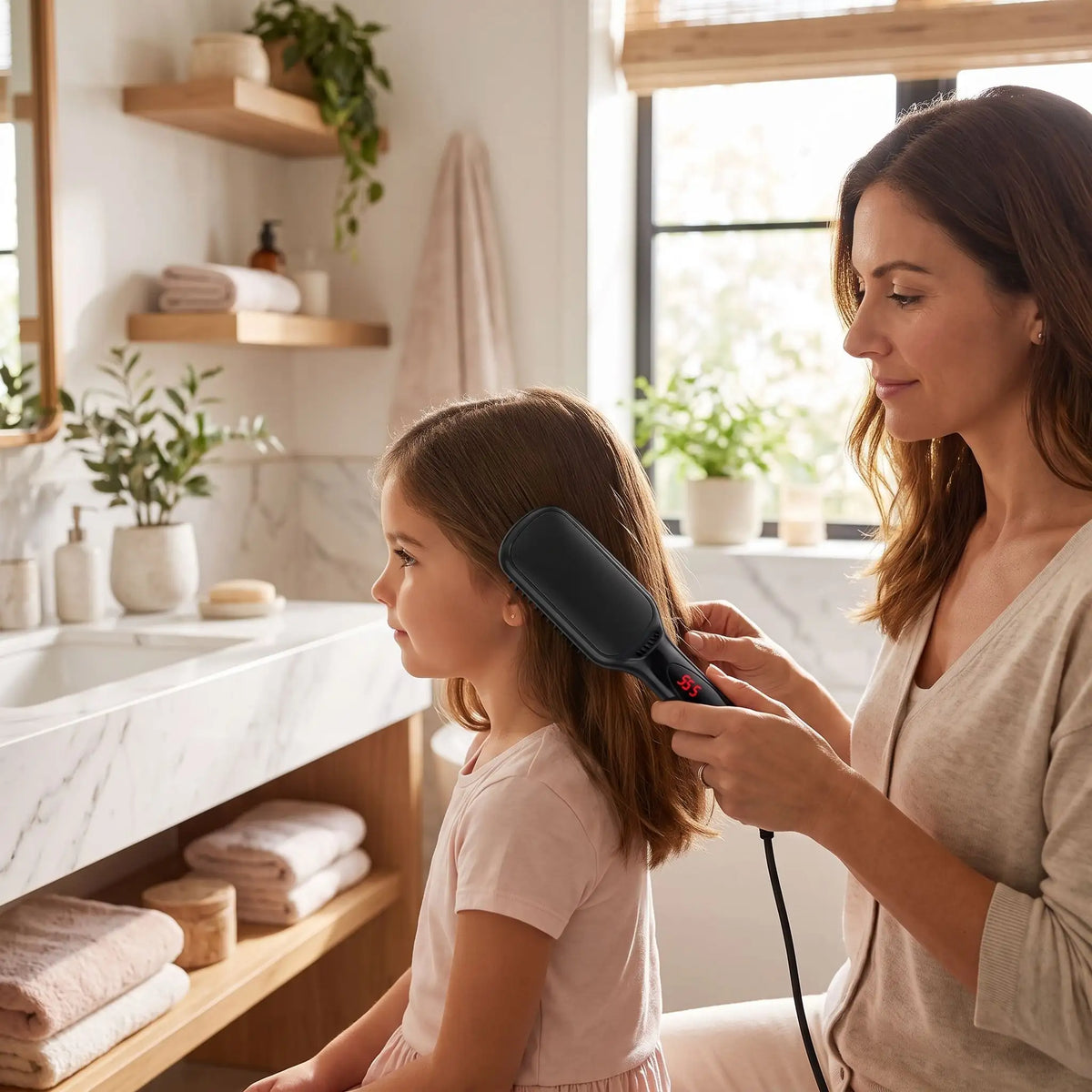 une maman qui coiffe les cheveux de sa fillette avec la brosse chauffante lissante