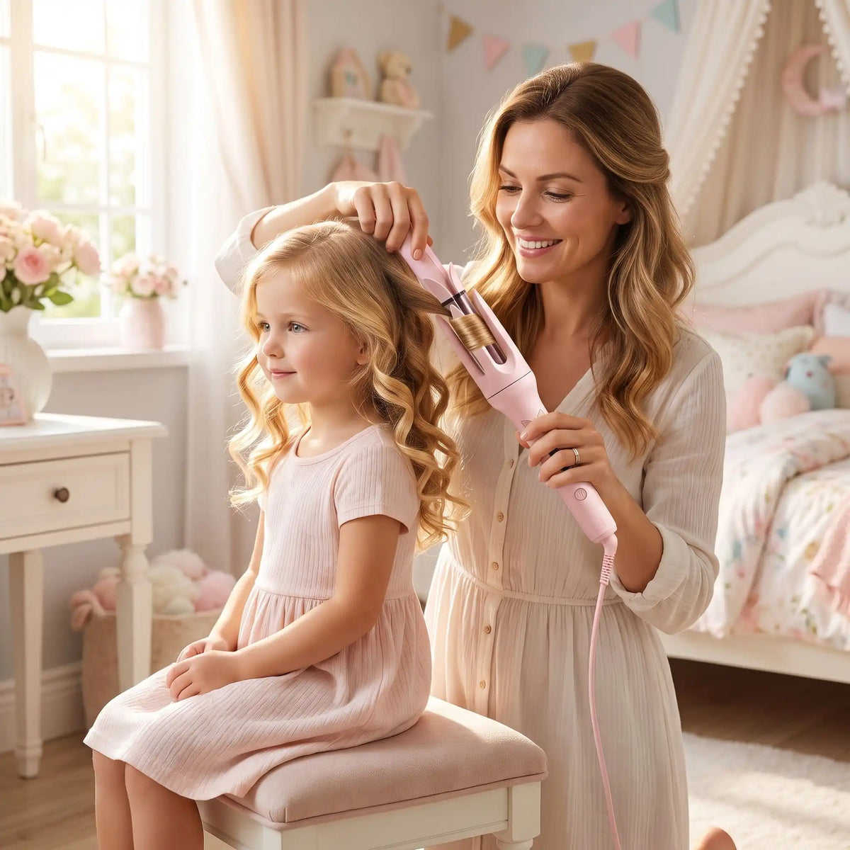 une maman qui coiffe sa fille avec le fer bouclant 